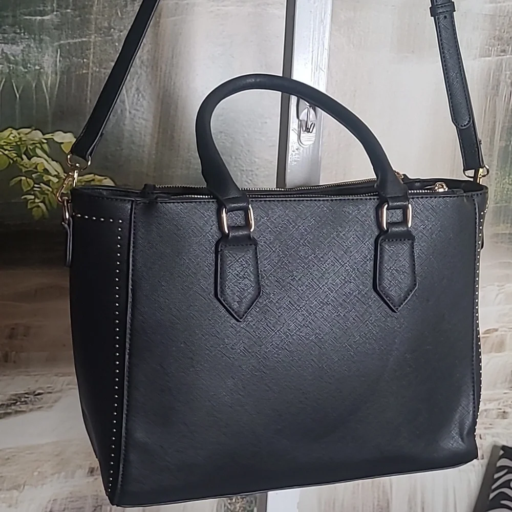 Miztique Womens Elegant Black Handbag Satchel gold accents and accent lock